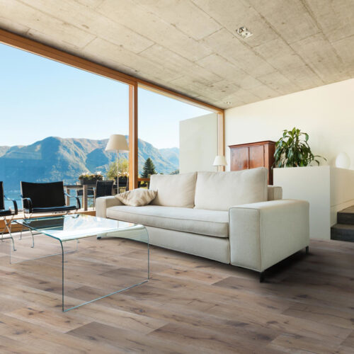 hardwood floors in living room with white couch, two black chairs, clear table, and glass wall with mountain in the background