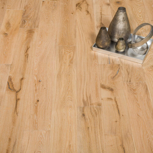 hardwood floor with metal tray and metal vases